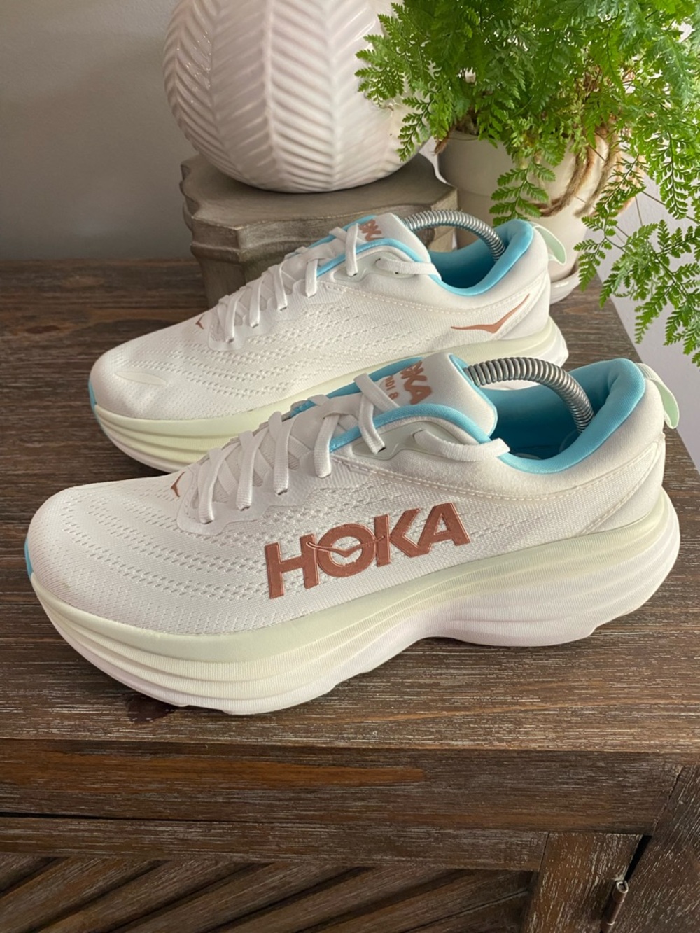 HOKA Bondi 8 Athletic Athleisure Running Sneakers Shoe Women 10B Frost Rose Gold